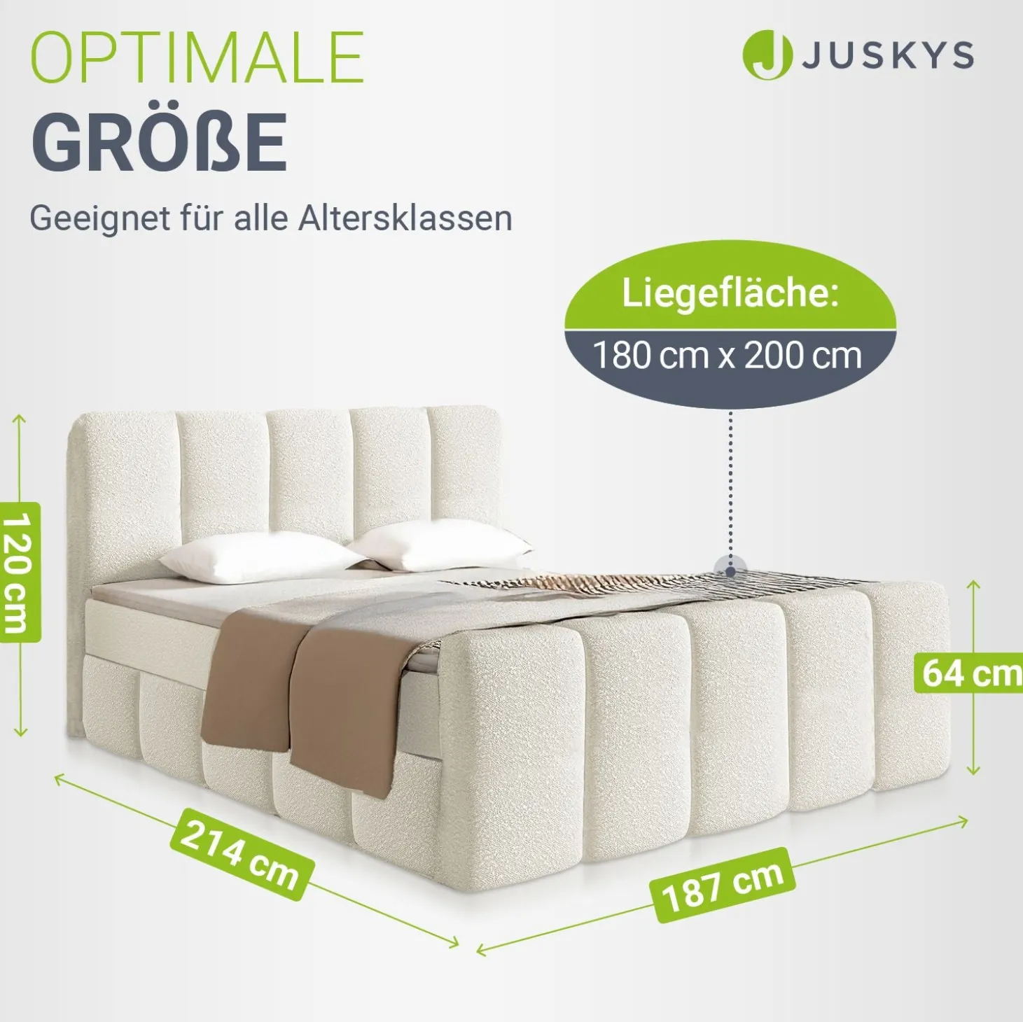 Boxspringbett Manitoba - Bouclé-Stoff Komfortables Boxspringbett 180 x 200 cm mit oder ohne Bettkasten
