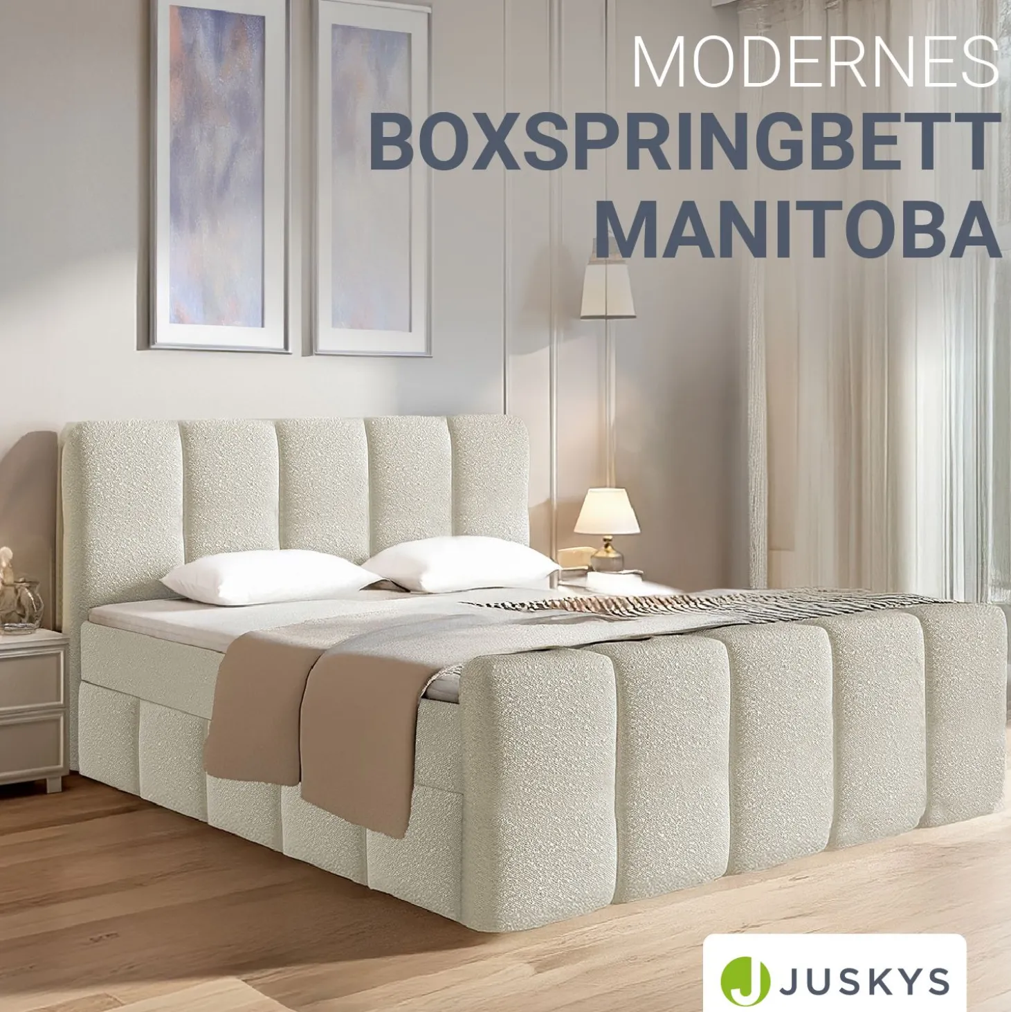 Boxspringbett Manitoba - Bouclé-Stoff Komfortables Boxspringbett 180 x 200 cm mit oder ohne Bettkasten