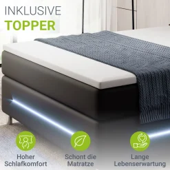 Boxspringbett Norfolk - Kunstleder Bettgestell mit Federkernmatratze, Topper und LED-Beleuchtung