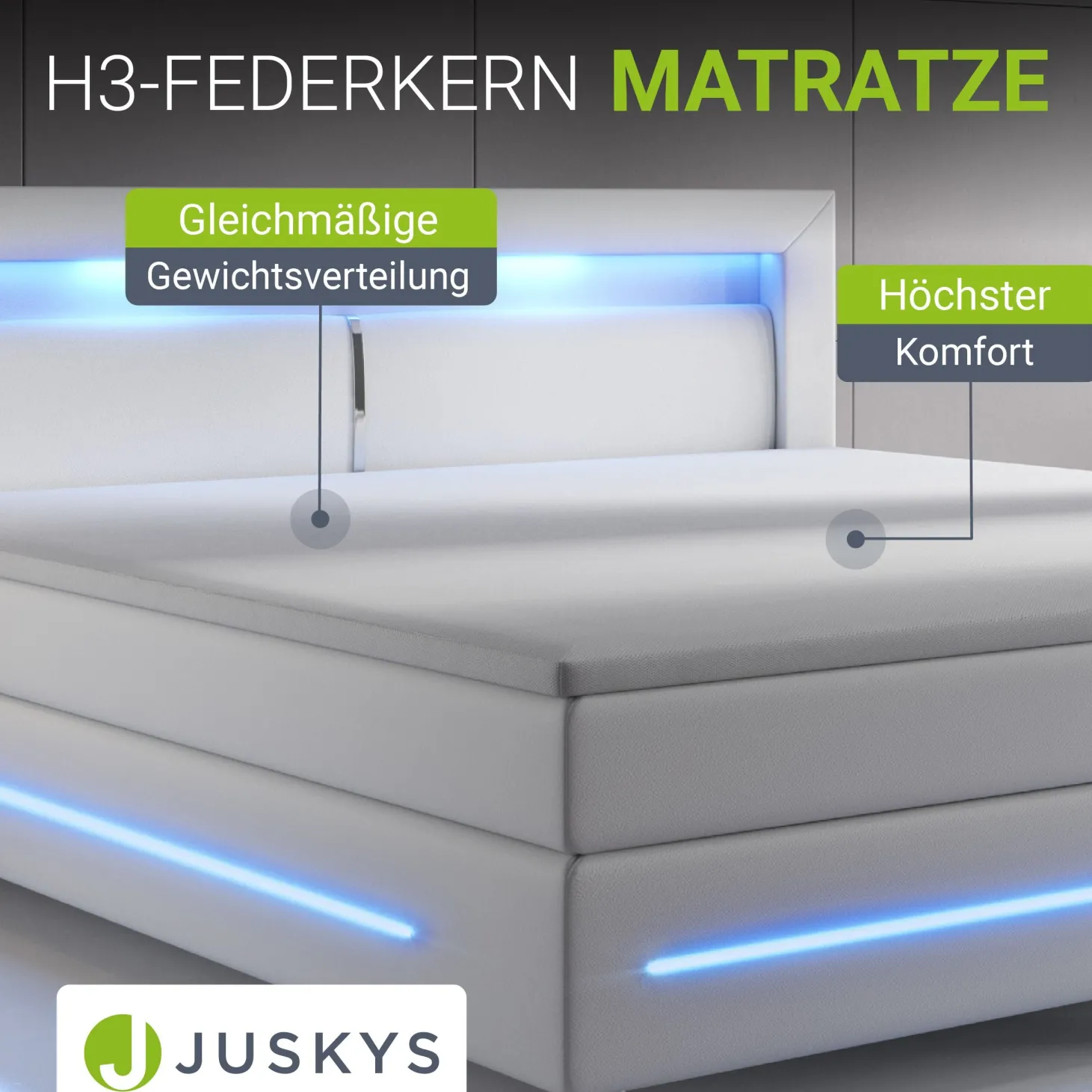 Boxspringbett Norfolk - Kunstleder Bettgestell mit Federkernmatratze, Topper und LED-Beleuchtung