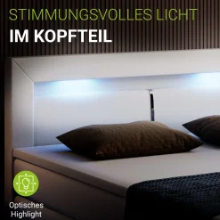 Boxspringbett Norfolk - Kunstleder Bettgestell mit Federkernmatratze, Topper und LED-Beleuchtung