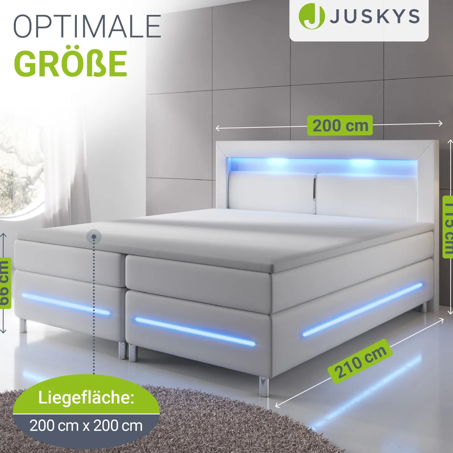 Boxspringbett Norfolk - Kunstleder Bettgestell mit Federkernmatratze, Topper und LED-Beleuchtung