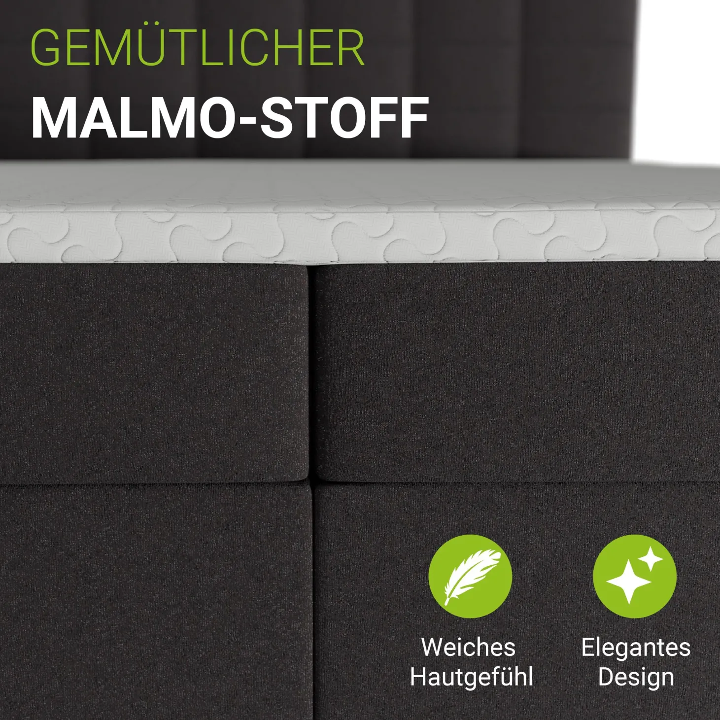 Boxspringbett Seattle - Malmo-Stoff Eleganz & Komfort: Gepolstertes Kopfteil, Federkernmatratze