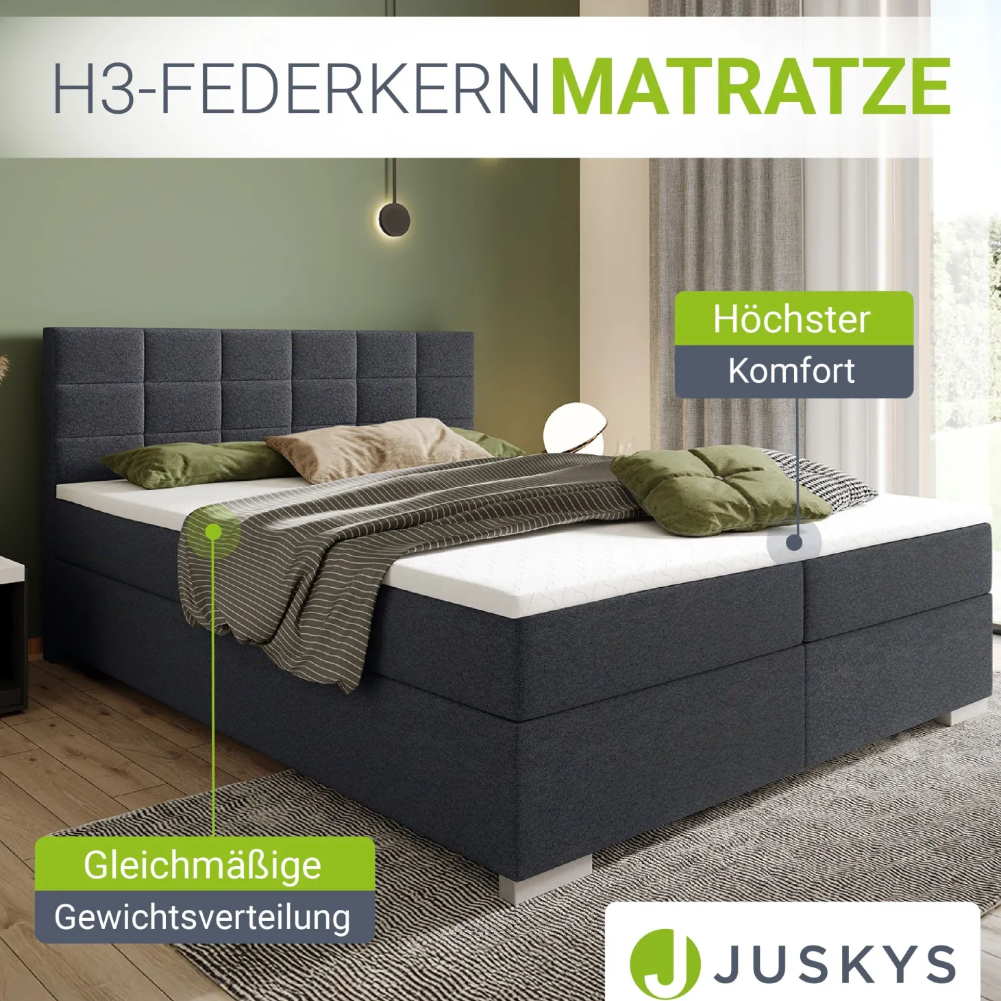Boxspringbett Seattle - Malmo-Stoff Eleganz & Komfort: Gepolstertes Kopfteil, Federkernmatratze