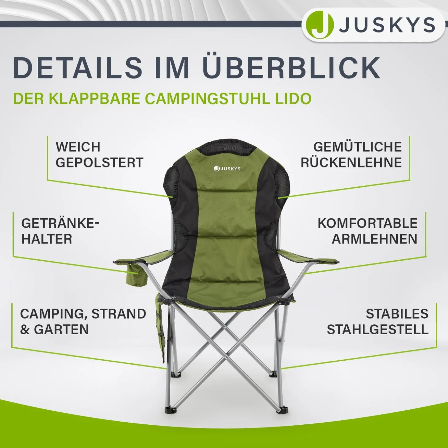 Campingstuhl Lido Gepolsterter Klappstuhl mit Getränkehalter & Tasche