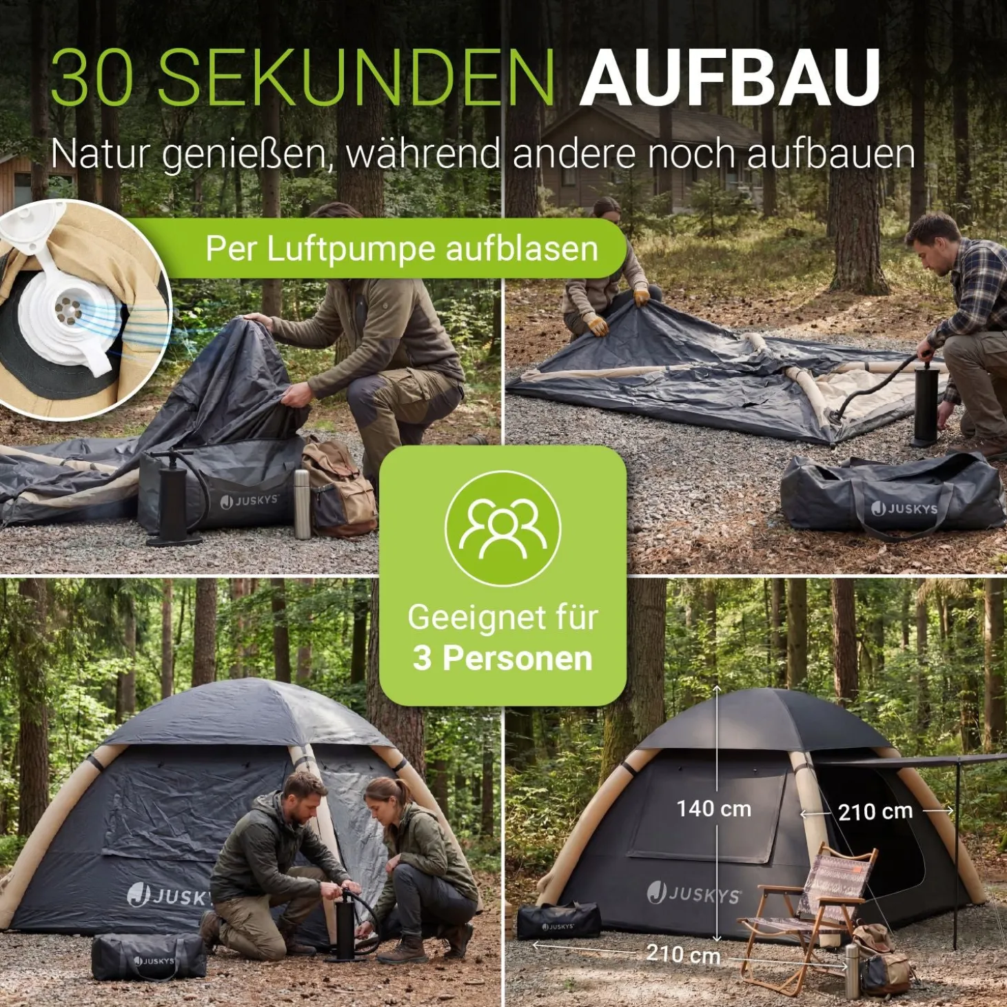 Campingzelt aufblasbar für 1-4 Personen Luftzelt wasserdicht mit einfachem & schnellem Aufbau