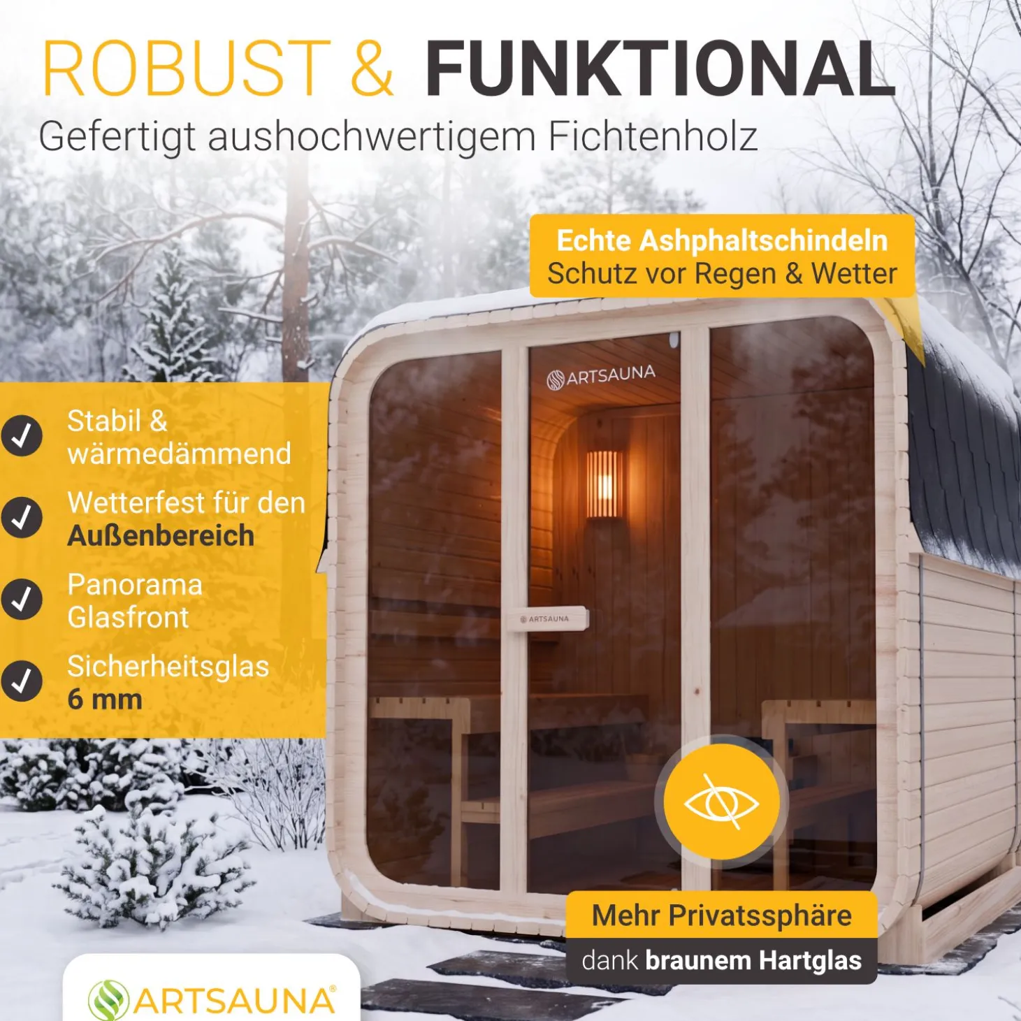 Cube Fasssauna Fjora L Für 6 Personen |180 x 228 x 225 cm (LxBxH) | 9 kW Saunaofen