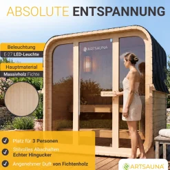 Cube Fasssauna Fjora M Für 3 Personen | 192 x 120 x 194 cm (LxBxH) | 3,6 kW Saunaofen