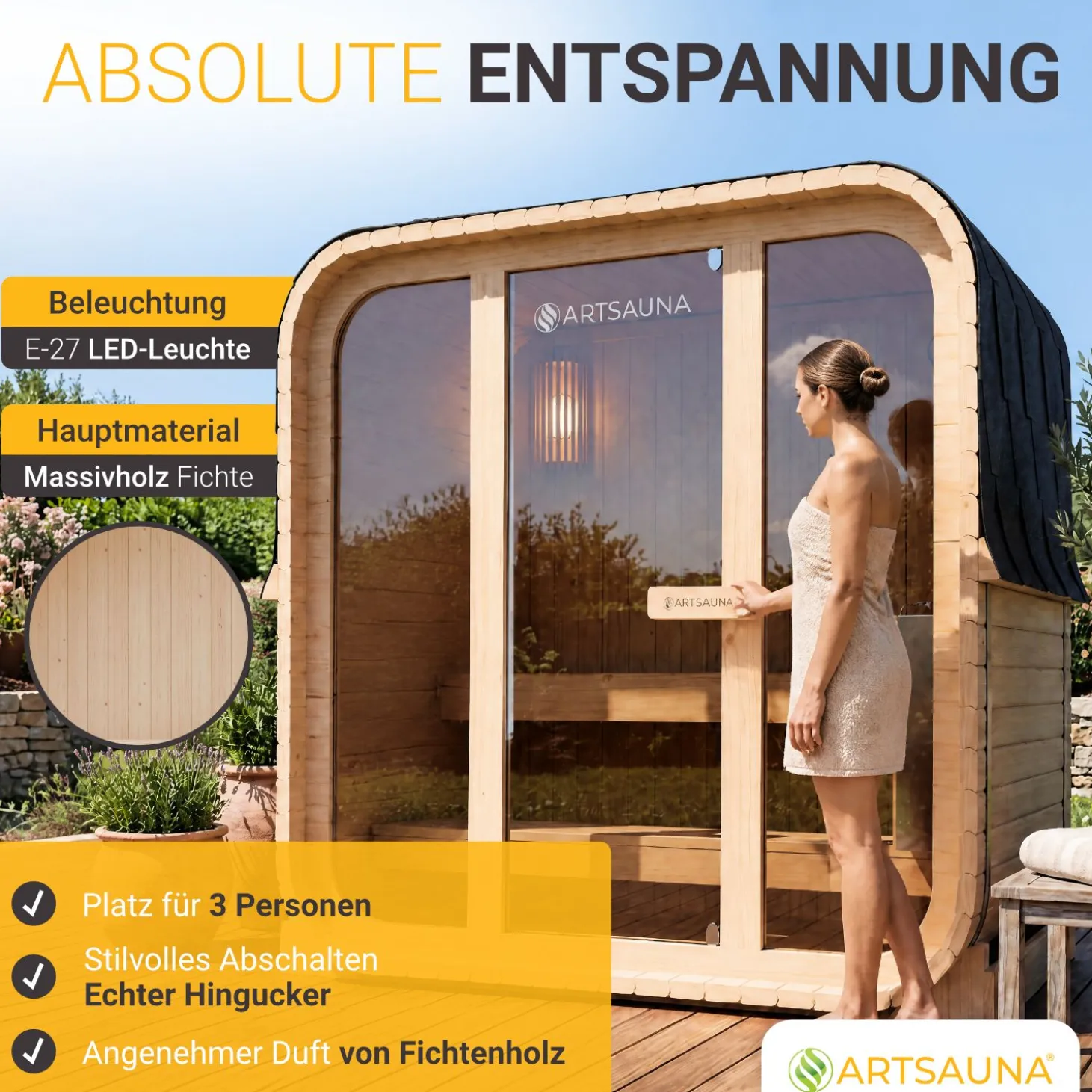 Cube Fasssauna Fjora M Für 3 Personen | 192 x 120 x 194 cm (LxBxH) | 3,6 kW Saunaofen