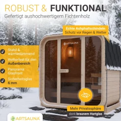 Cube Fasssauna Fjora M Für 3 Personen | 192 x 120 x 194 cm (LxBxH) | 3,6 kW Saunaofen