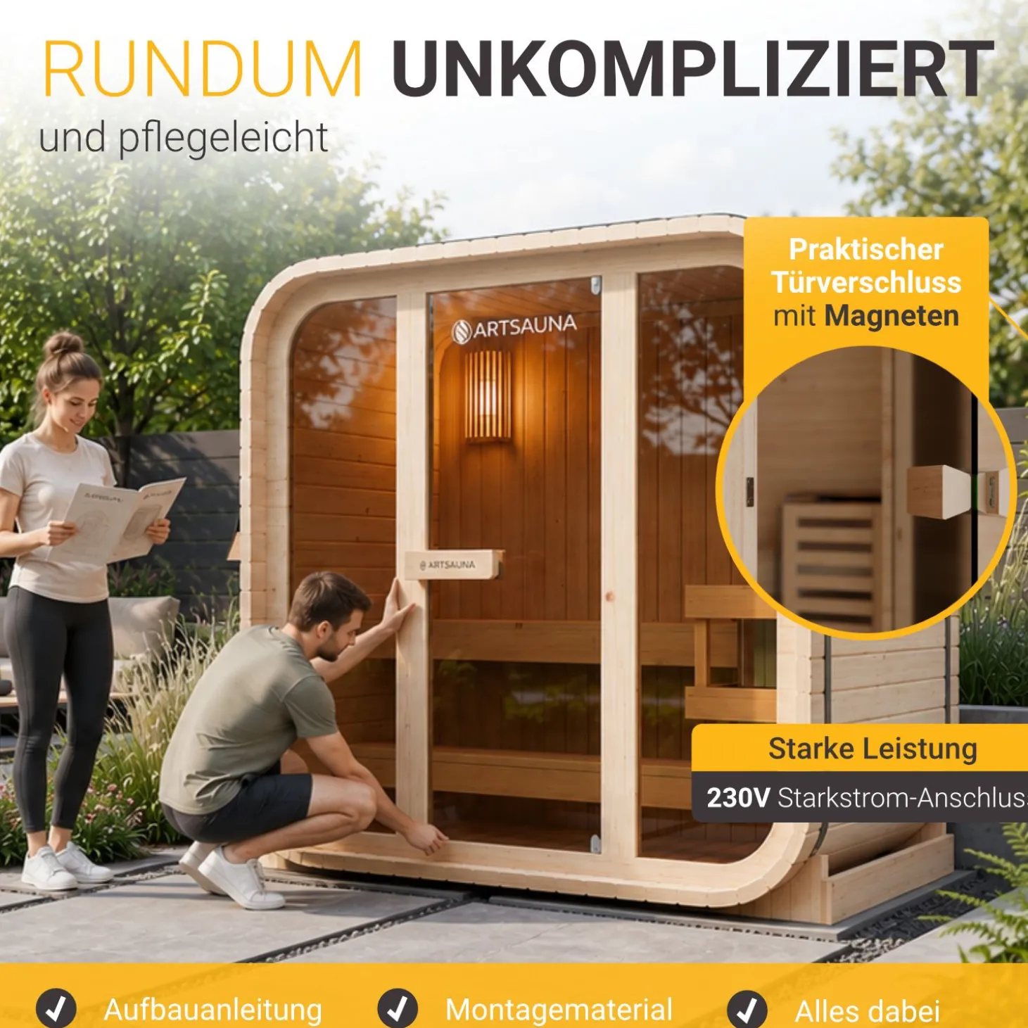 Cube Fasssauna Fjora M Für 3 Personen | 192 x 120 x 194 cm (LxBxH) | 3,6 kW Saunaofen