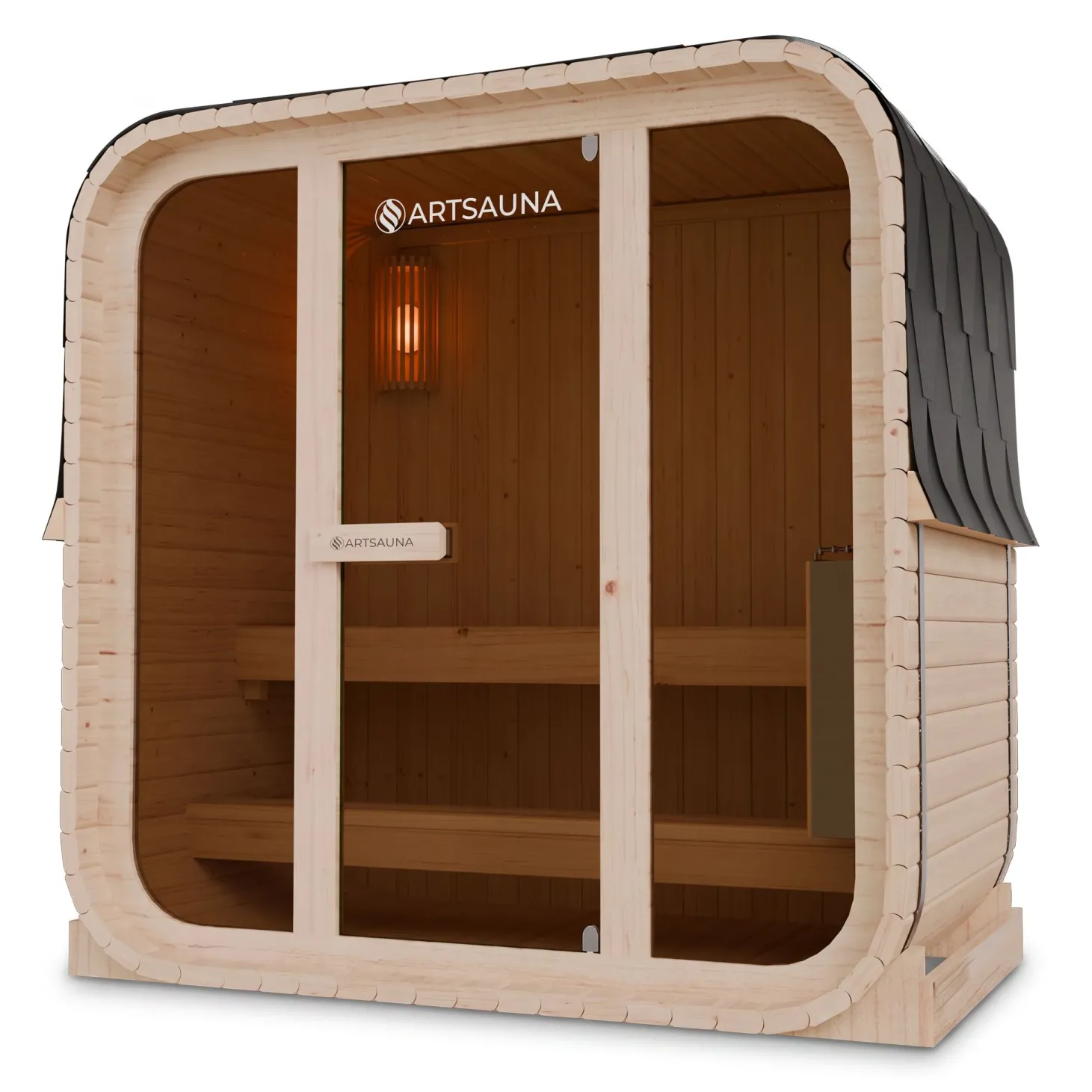 Cube Fasssauna Fjora M Für 3 Personen | 192 x 120 x 194 cm (LxBxH) | 3,6 kW Saunaofen