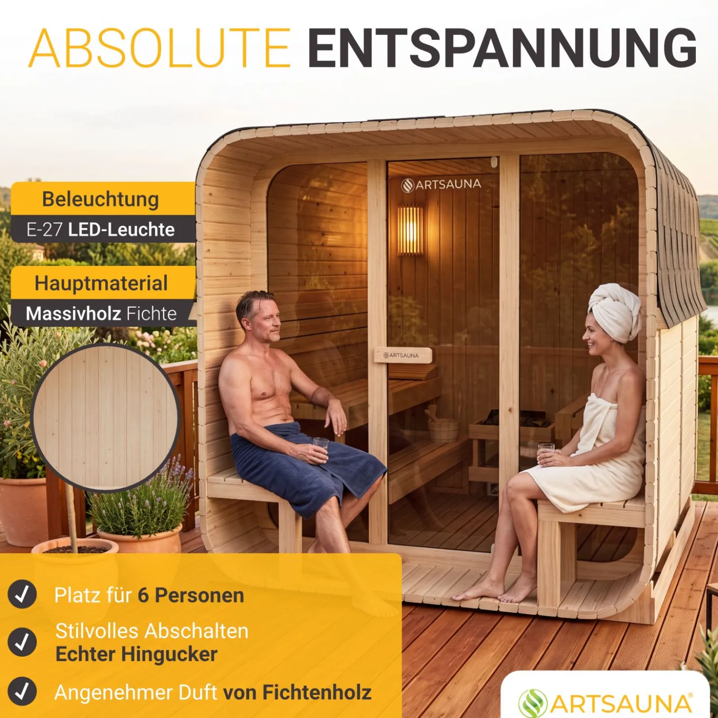 Cube Fasssauna Fjora XL Für 6 Personen | 228 x 220 x 225 cm (LxBxH) | 9 kW Saunaofen