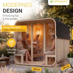 Cube Fasssauna Fjora XL Für 6 Personen | 228 x 220 x 225 cm (LxBxH) | 9 kW Saunaofen