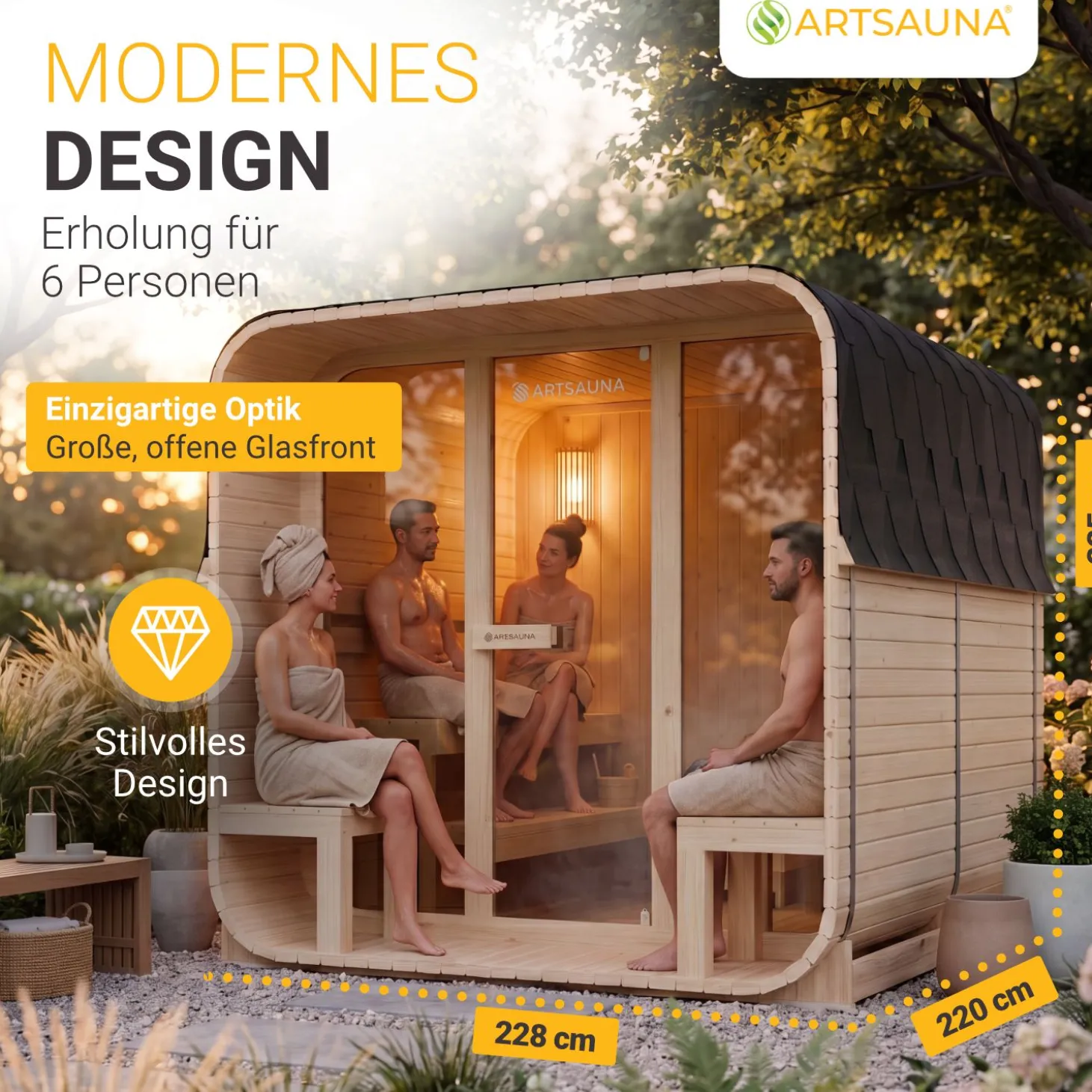 Cube Fasssauna Fjora XL Für 6 Personen | 228 x 220 x 225 cm (LxBxH) | 9 kW Saunaofen