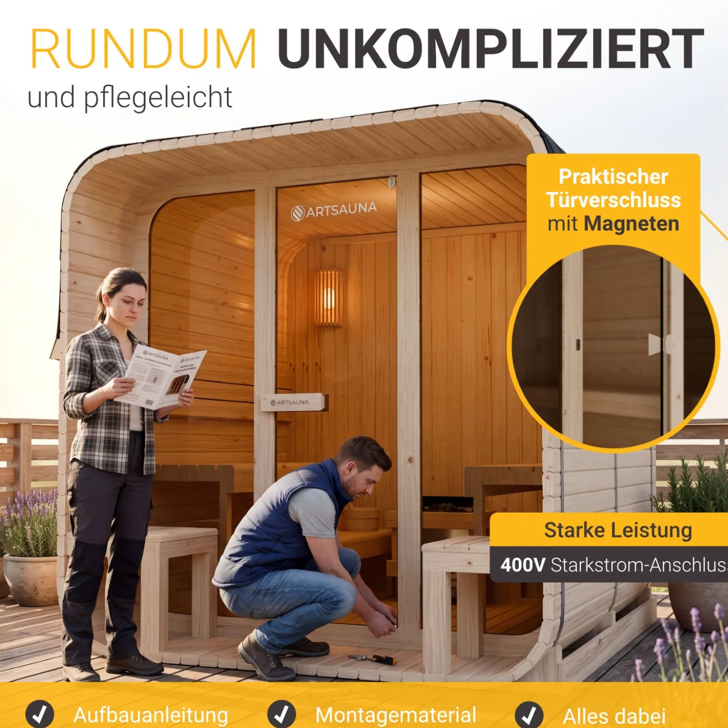 Cube Fasssauna Fjora XL Für 6 Personen | 228 x 220 x 225 cm (LxBxH) | 9 kW Saunaofen