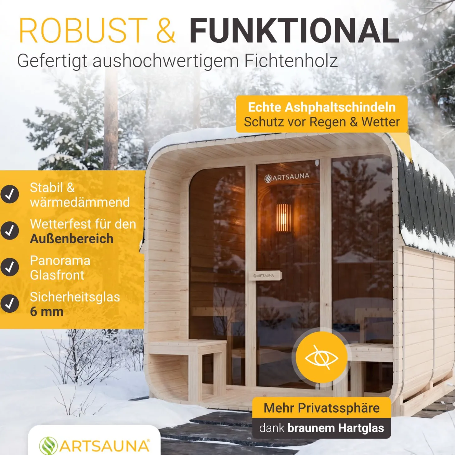 Cube Fasssauna Fjora XL Für 6 Personen | 228 x 220 x 225 cm (LxBxH) | 9 kW Saunaofen