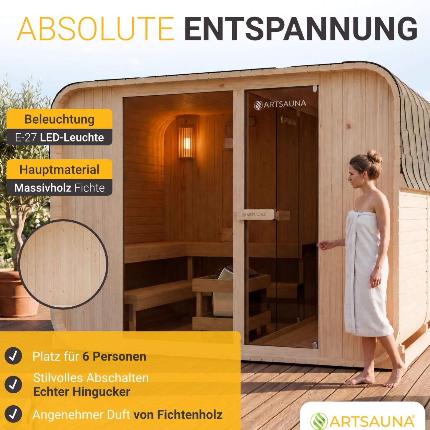 Cube Fasssauna Fjora XXL Für 6 Personen | 308 x 220 x 225 cm (LxBxH) | 9 kW Saunaofen