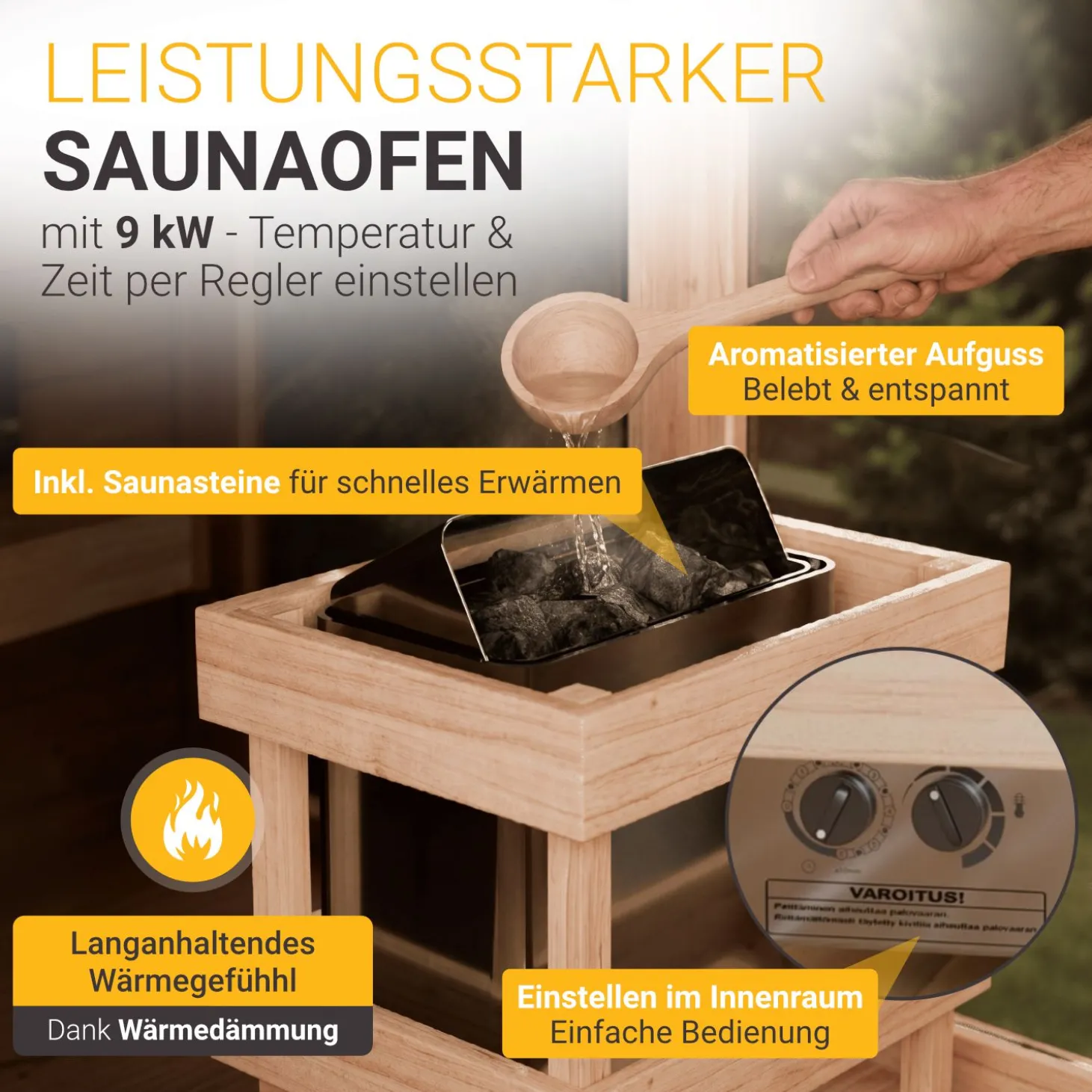Cube Fasssauna Fjora XXL Für 6 Personen | 308 x 220 x 225 cm (LxBxH) | 9 kW Saunaofen