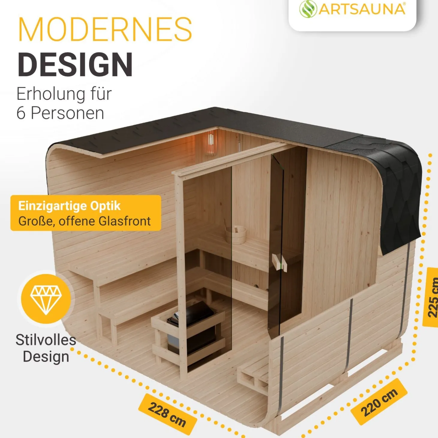 Cube Fasssauna Fjora XXL Für 6 Personen | 308 x 220 x 225 cm (LxBxH) | 9 kW Saunaofen