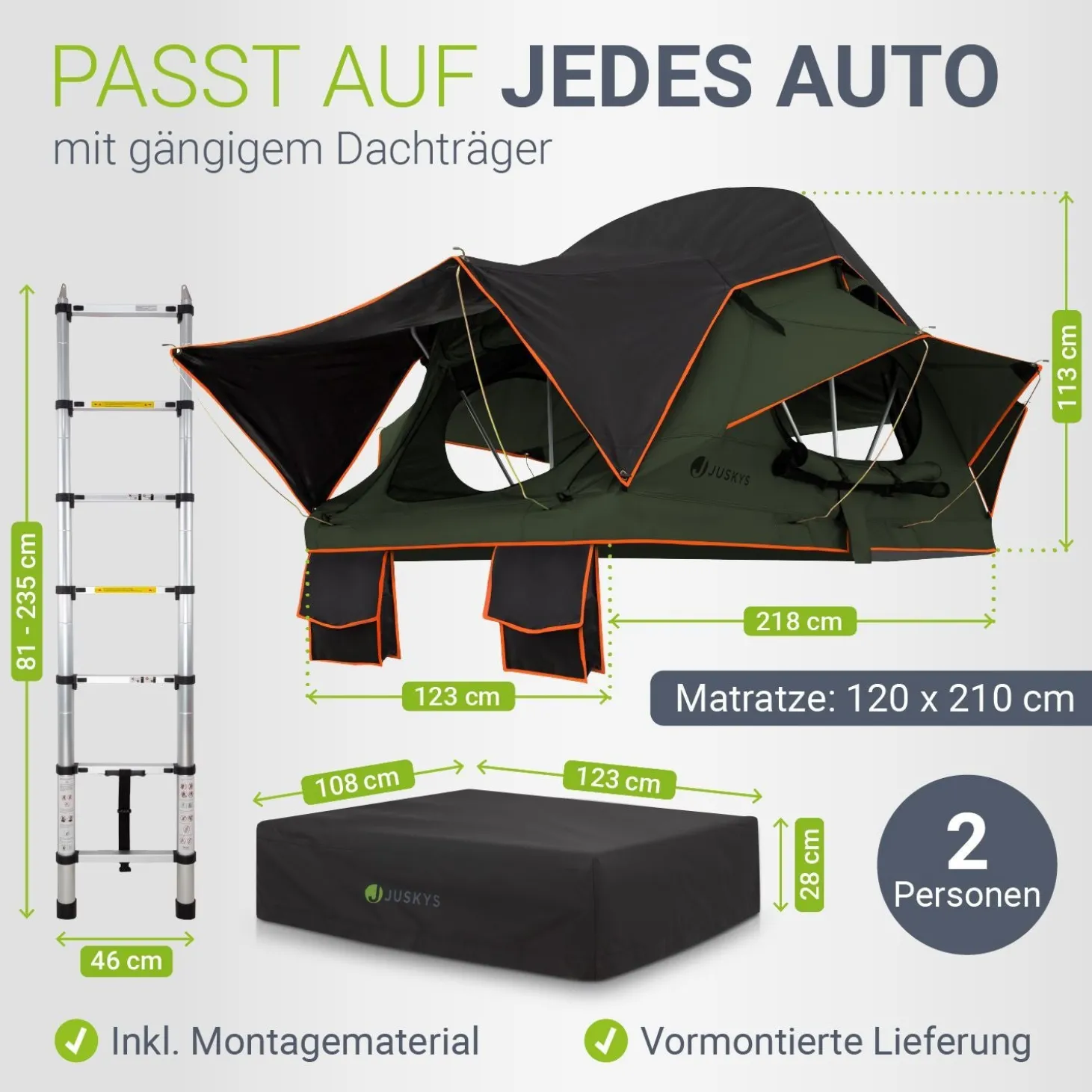 Dachzelt Lago für 2-3 Personen Autodachzelt für Camping & Roadtrips