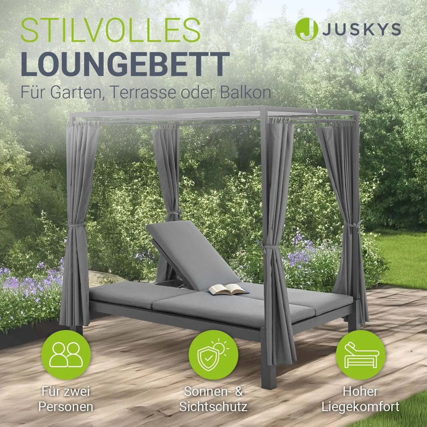 Doppel-Loungebett Kreta Outdoor Sonnenliege für 2 Personen mit Vorhängen, Dach & Rückenlehne