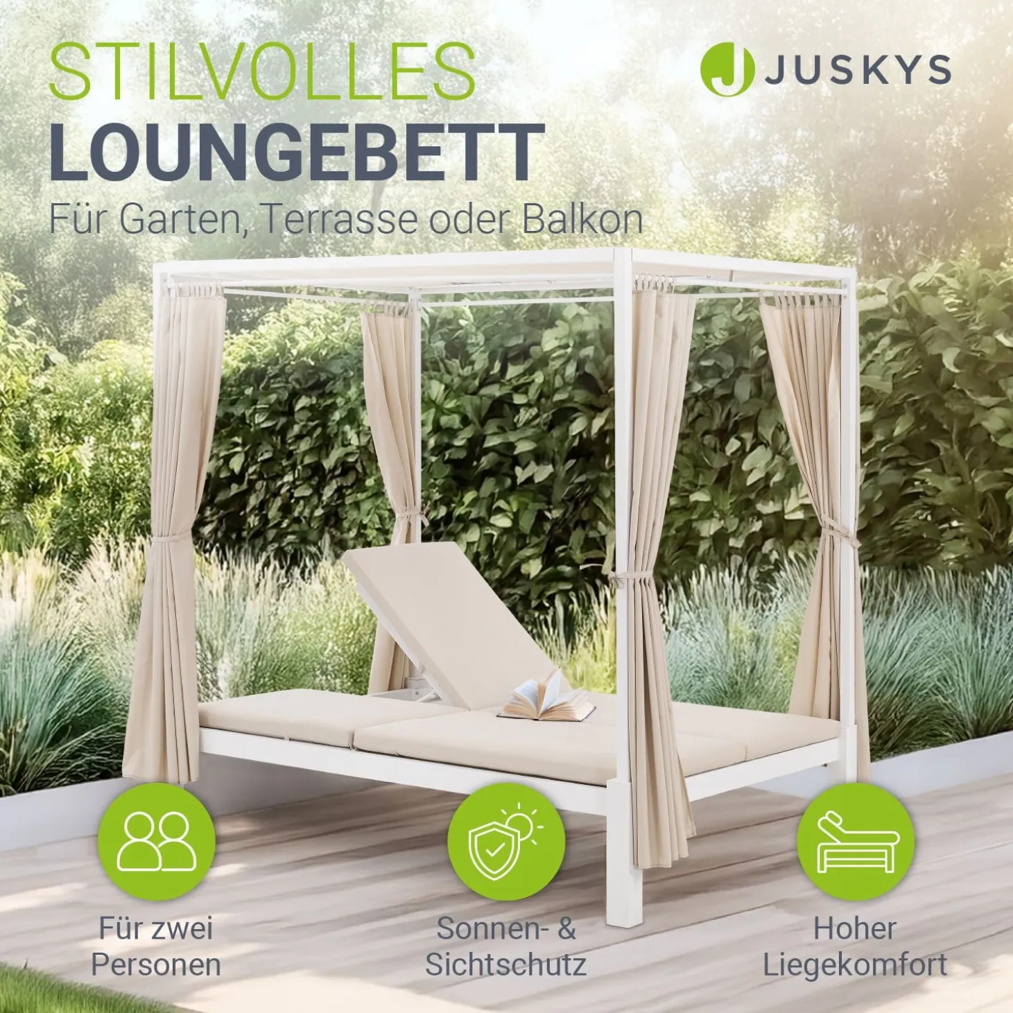 Doppel-Loungebett Kreta Outdoor Sonnenliege für 2 Personen mit Vorhängen, Dach & Rückenlehne