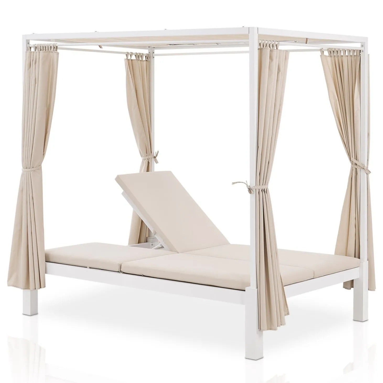 Doppel-Loungebett Kreta Outdoor Sonnenliege für 2 Personen mit Vorhängen, Dach & Rückenlehne