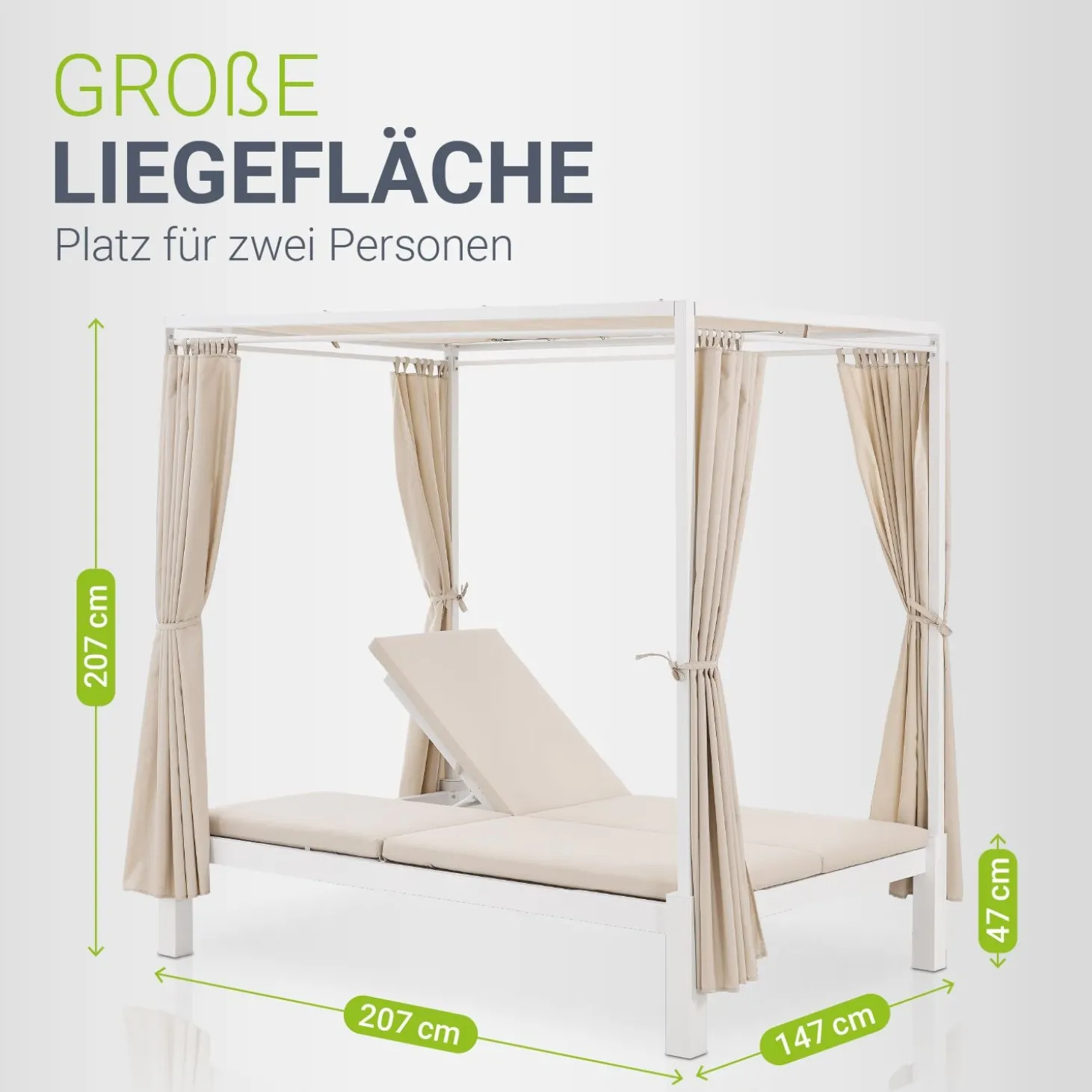 Doppel-Loungebett Kreta Outdoor Sonnenliege für 2 Personen mit Vorhängen, Dach & Rückenlehne