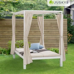 Doppel-Loungebett Kreta Outdoor Sonnenliege für 2 Personen mit Vorhängen, Dach & Rückenlehne