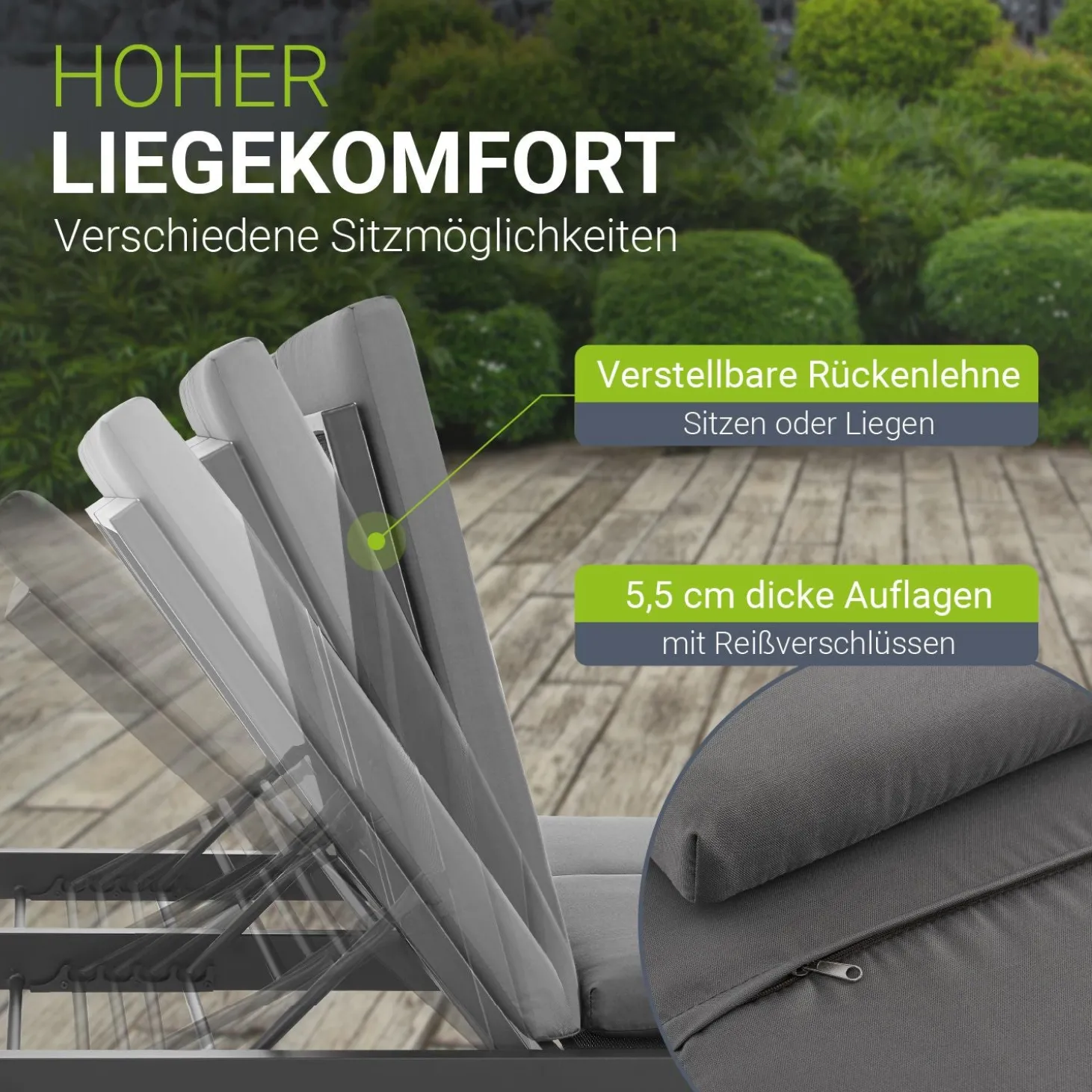 Doppel-Loungebett Kreta Outdoor Sonnenliege für 2 Personen mit Vorhängen, Dach & Rückenlehne