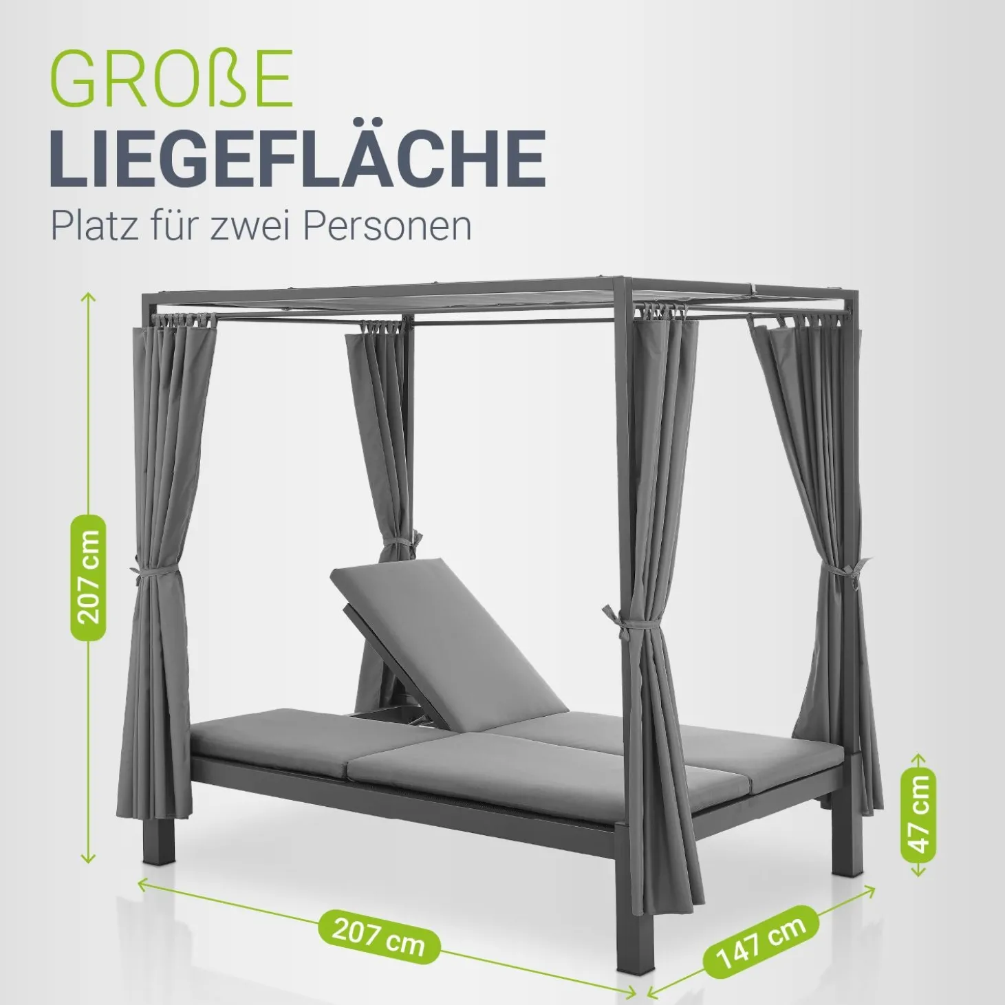 Doppel-Loungebett Kreta Outdoor Sonnenliege für 2 Personen mit Vorhängen, Dach & Rückenlehne