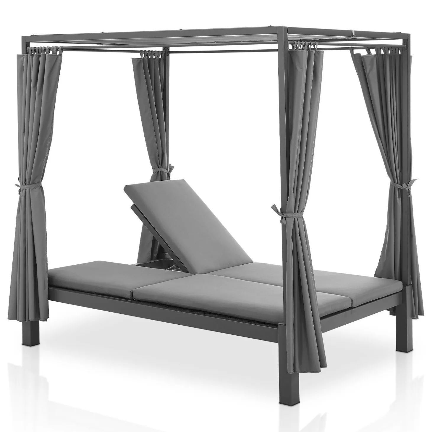 Doppel-Loungebett Kreta Outdoor Sonnenliege für 2 Personen mit Vorhängen, Dach & Rückenlehne