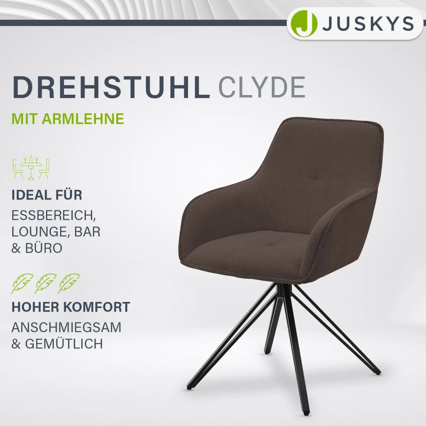 Drehstuhl Clyde mit Cord Stilvoller Stuhl fürs Wohn- & Esszimmer