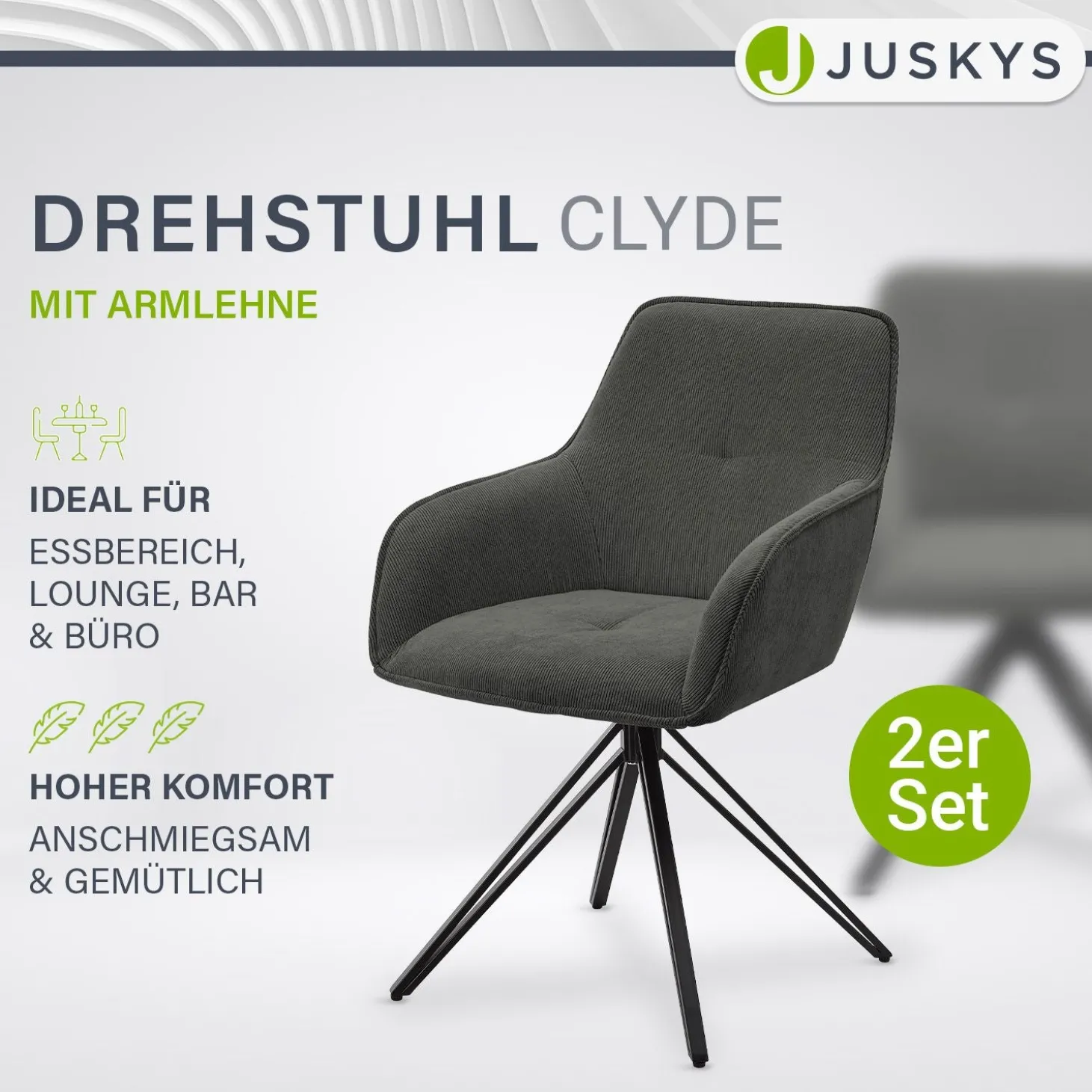 Drehstuhl Clyde mit Cord Stilvoller Stuhl fürs Wohn- & Esszimmer