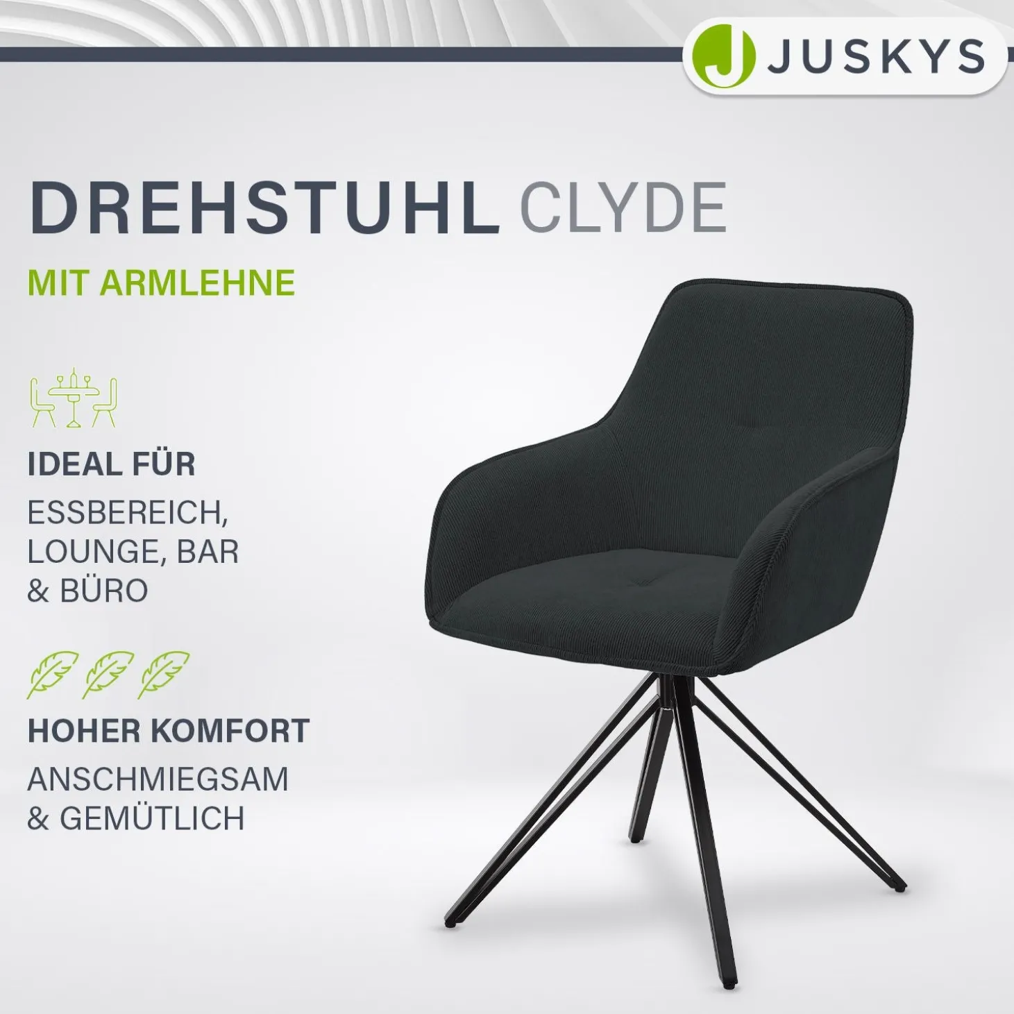 Drehstuhl Clyde mit Cord Stilvoller Stuhl fürs Wohn- & Esszimmer