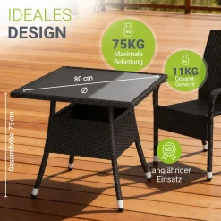 Eckiger Polyrattan Gartentisch Yoro Wetterfester Tisch mit Glasplatte