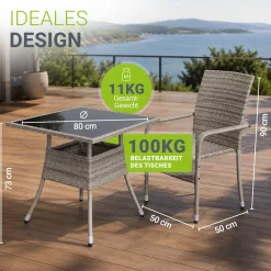 Eckiger Polyrattan Gartentisch Yoro Wetterfester Tisch mit Glasplatte