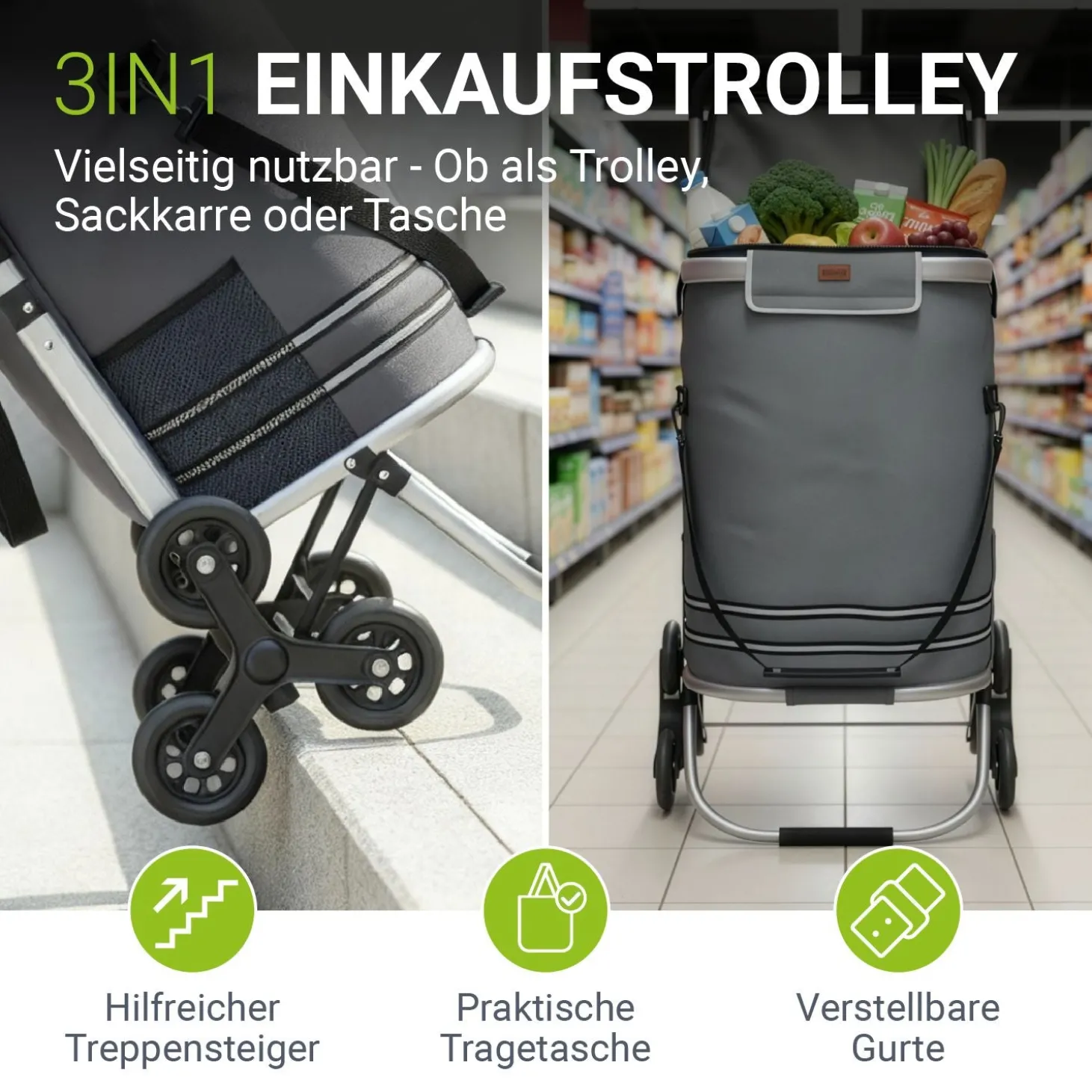 Einkaufstrolley Treppensteiger Einkaufstrolley klappbar 56 l mit abnehmbarer Tasche