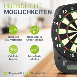 Elektronische Dartscheibe E-Dartscheibe mit LCD-Display, USB-C-Anschluss und 18 Pfeilen