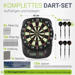 Elektronische Dartscheibe E-Dartscheibe mit LCD-Display, USB-C-Anschluss und 18 Pfeilen