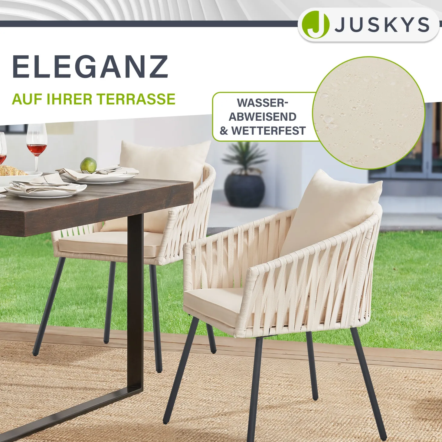 2er-Set Rope Stühle Gartenstühle mit Seilgeflecht – Inkl. Sitz- und Rückenkissen