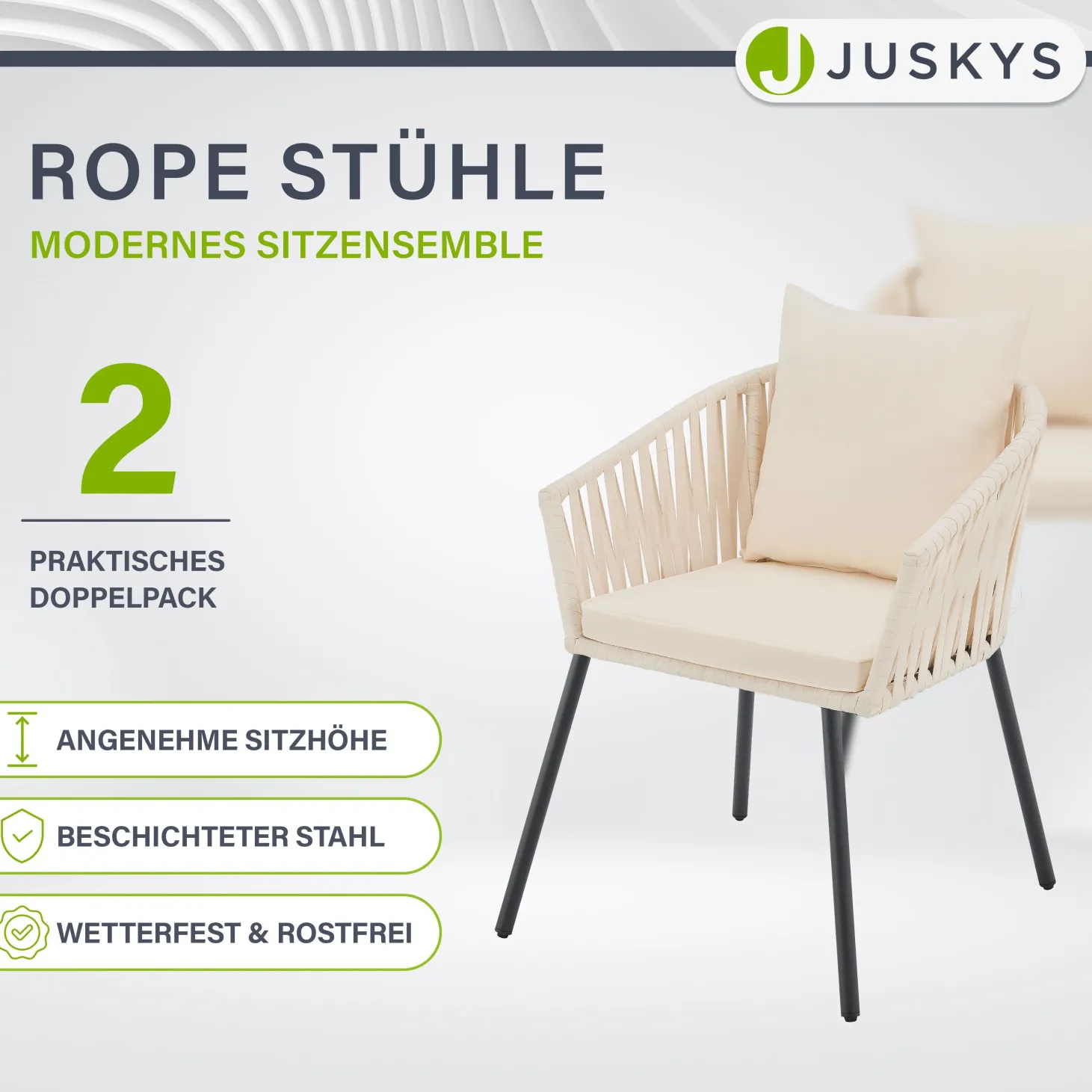 2er-Set Rope Stühle Gartenstühle mit Seilgeflecht – Inkl. Sitz- und Rückenkissen