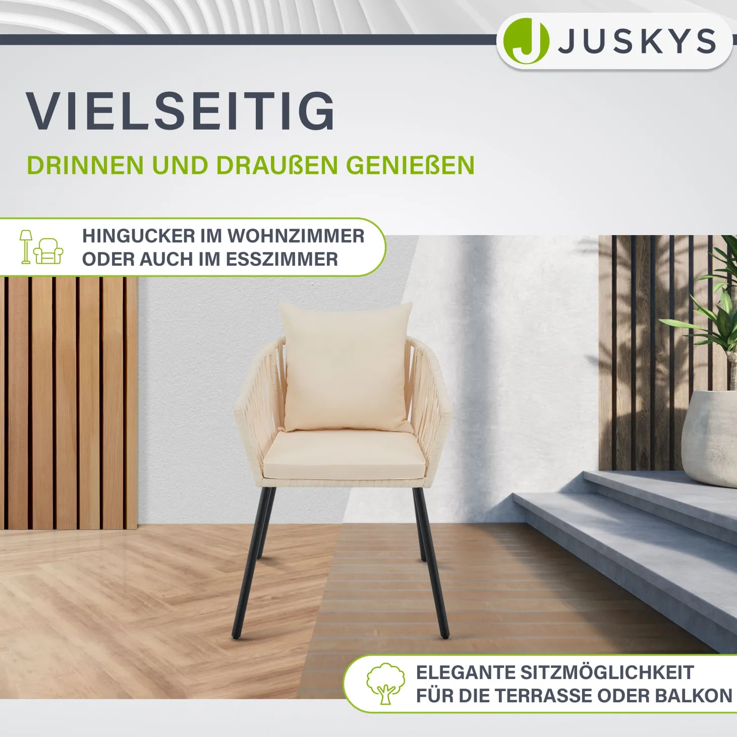 2er-Set Rope Stühle Gartenstühle mit Seilgeflecht – Inkl. Sitz- und Rückenkissen