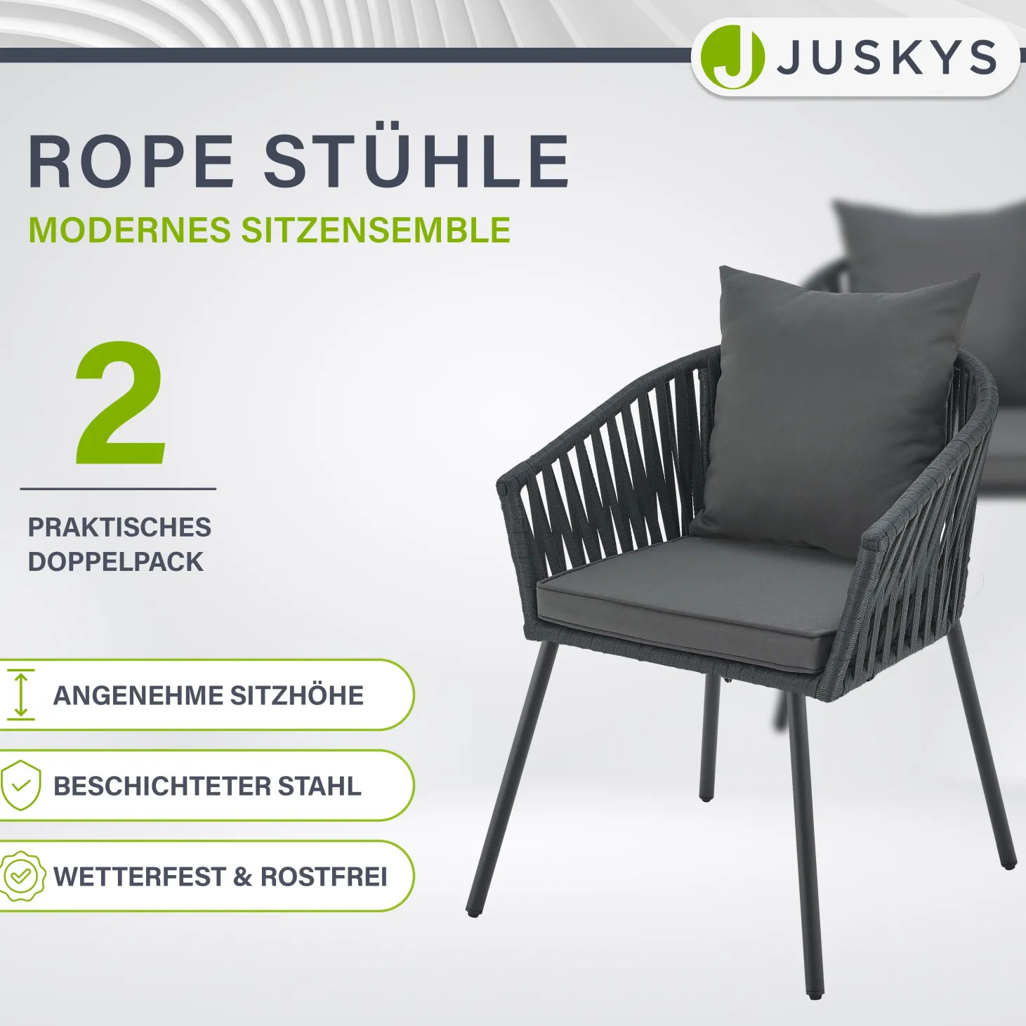 2er-Set Rope Stühle Gartenstühle mit Seilgeflecht – Inkl. Sitz- und Rückenkissen