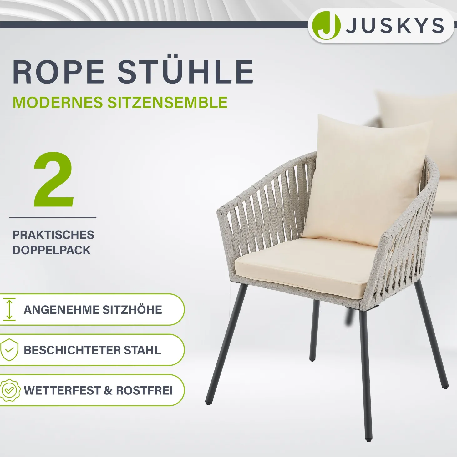 2er-Set Rope Stühle Gartenstühle mit Seilgeflecht – Inkl. Sitz- und Rückenkissen