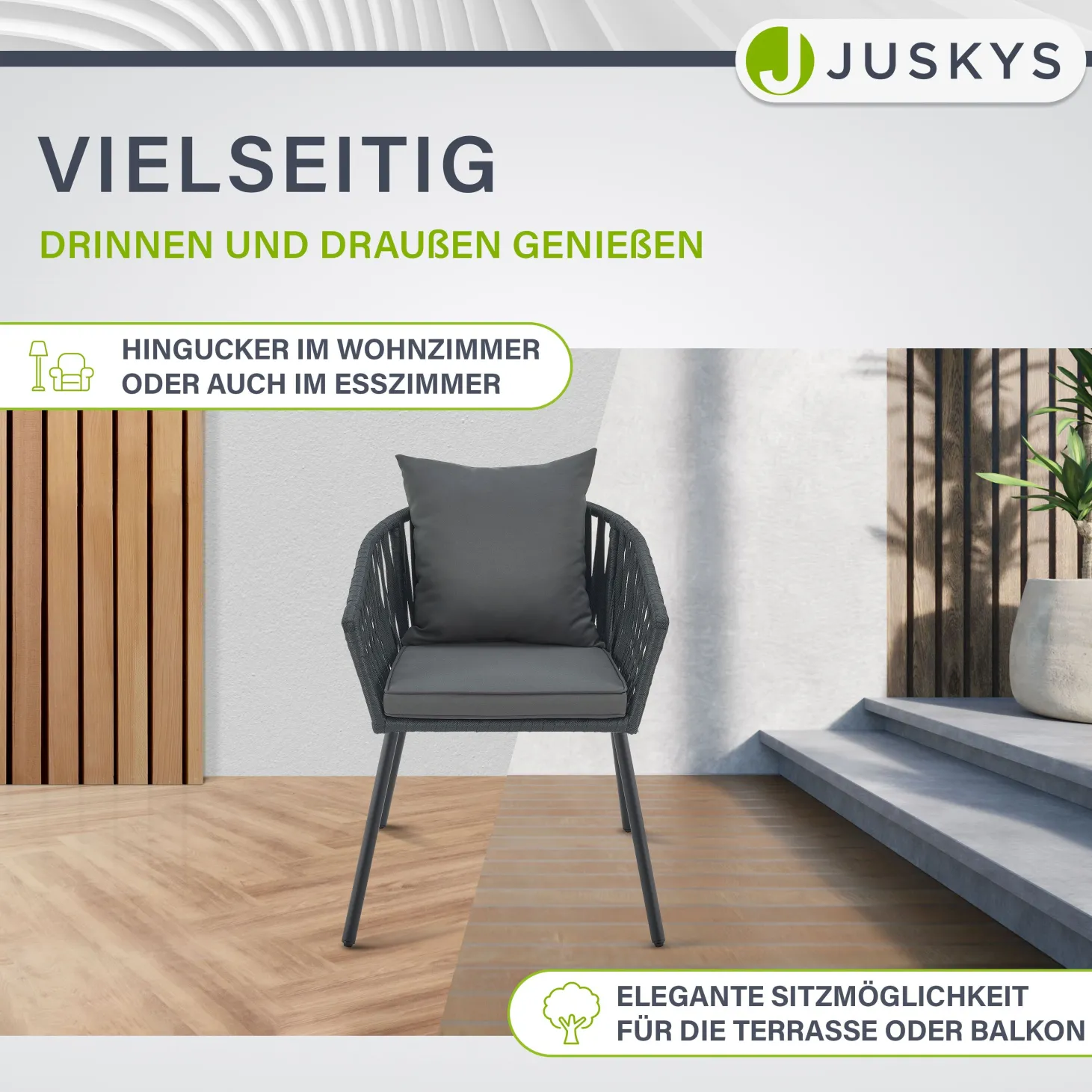 2er-Set Rope Stühle Gartenstühle mit Seilgeflecht – Inkl. Sitz- und Rückenkissen