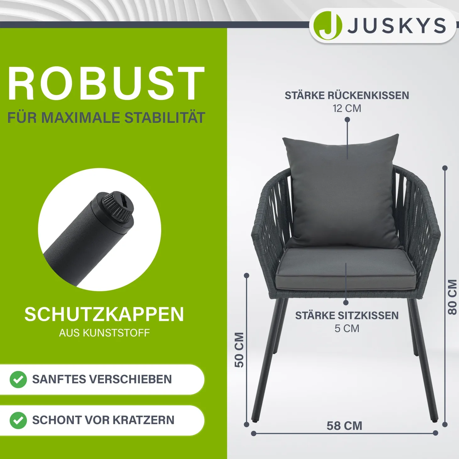 2er-Set Rope Stühle Gartenstühle mit Seilgeflecht – Inkl. Sitz- und Rückenkissen