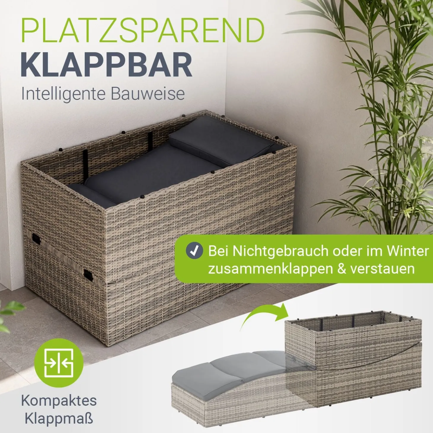 Faltbare Polyrattan Sonnenliege Lamia Maximale Entspannung auf der Gartenliege mit Auflage
