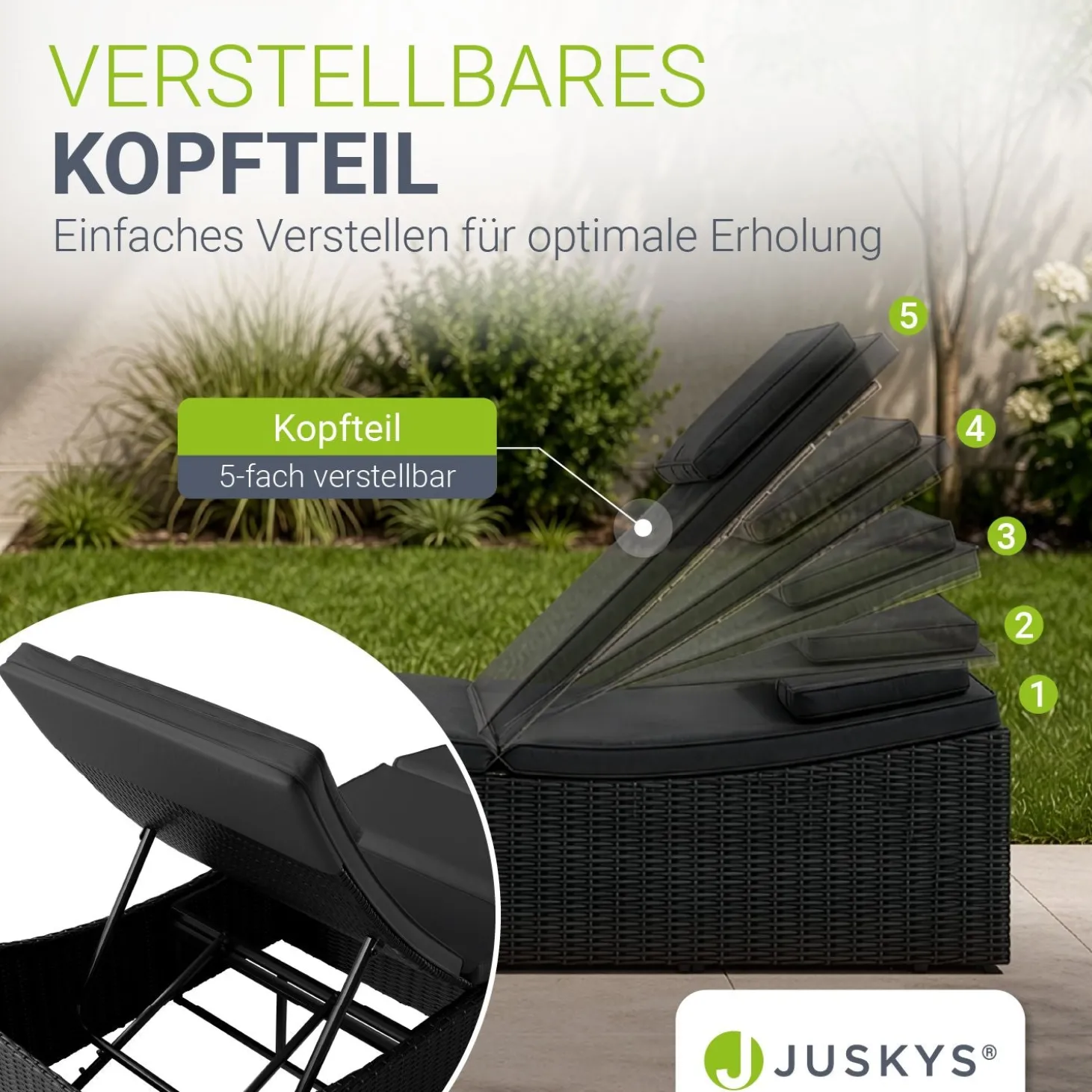 Faltbare Polyrattan Sonnenliege Lamia Maximale Entspannung auf der Gartenliege mit Auflage